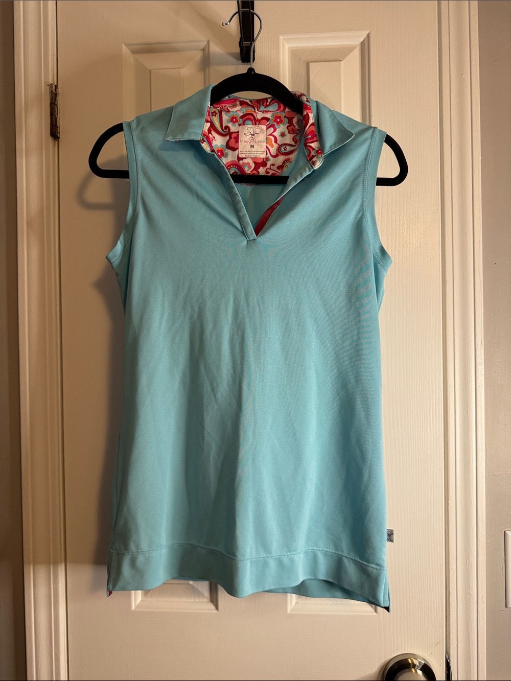 Sleeveless Polo Tank in Aqua with Floral Trim (R)